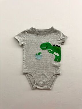 Carter's Gray Striped Onesie with Green Dinosaur Applique